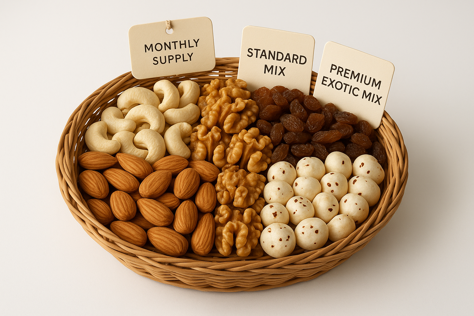 Dry Fruit &amp; Seeds Basket Monthly supply of almonds, cashews, walnuts, raisins, makhana.

Options: Standard mix / Premium exotic mix. in white bg