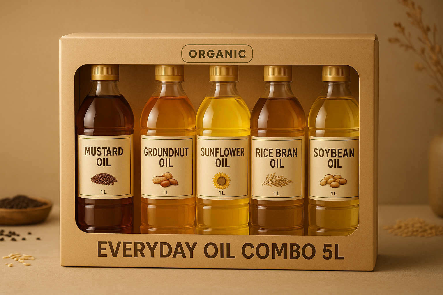 Everyday Oil Combo (5L) (5L) - Mustard 1L + Groundnut 1L +Sunflower 1L + Rice Bran 1L + Soybean 1L&nbsp;