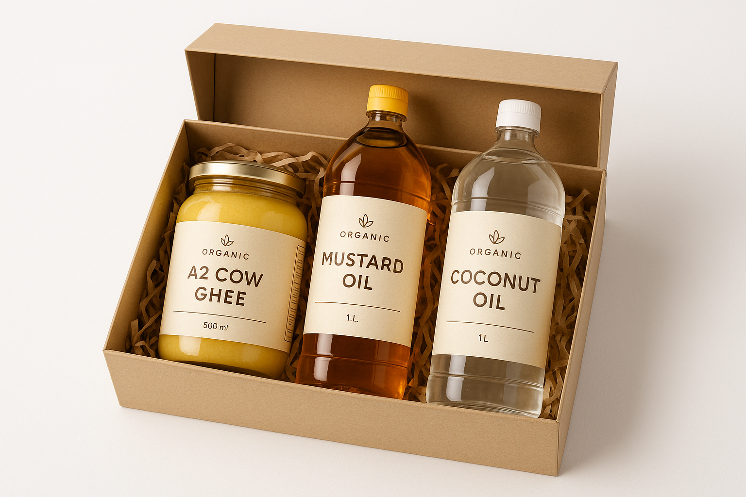 Ghee &amp; Oil Gift Box A2 Cow Ghee 500ml + Mustard Oil 1L + Coconut Oil 1L with white bg