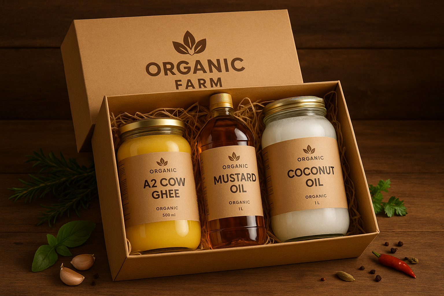 Ghee &amp; Oil Gift Box A2 Cow Ghee 500ml + Mustard Oil 1L + Coconut Oil 1L