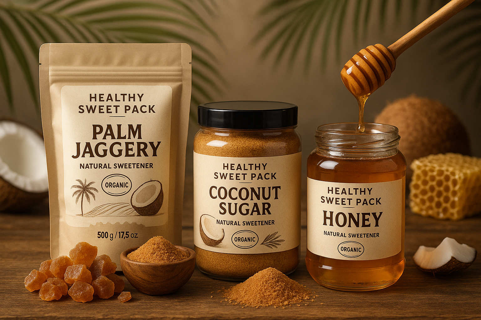 Healthy Sweet Pack with Palm Jaggery 500g + Coconut Sugar 500g + Honey 500g 
