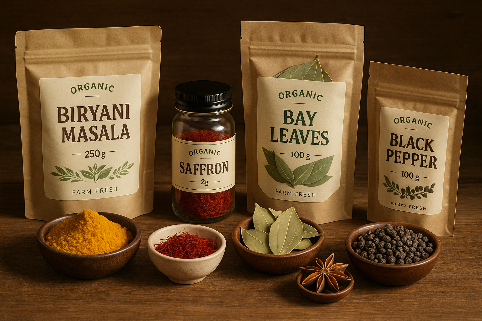  masala combo of  Biryani Masala 250g + Saffron 2g + Bay Leaf 100g + Star Anise 50g + Black Pepper 100g