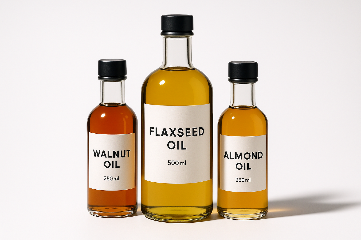 Premium Wellness Oils Combo Flaxseed 500ml + Walnut 250ml + Almond 250ml in white bg