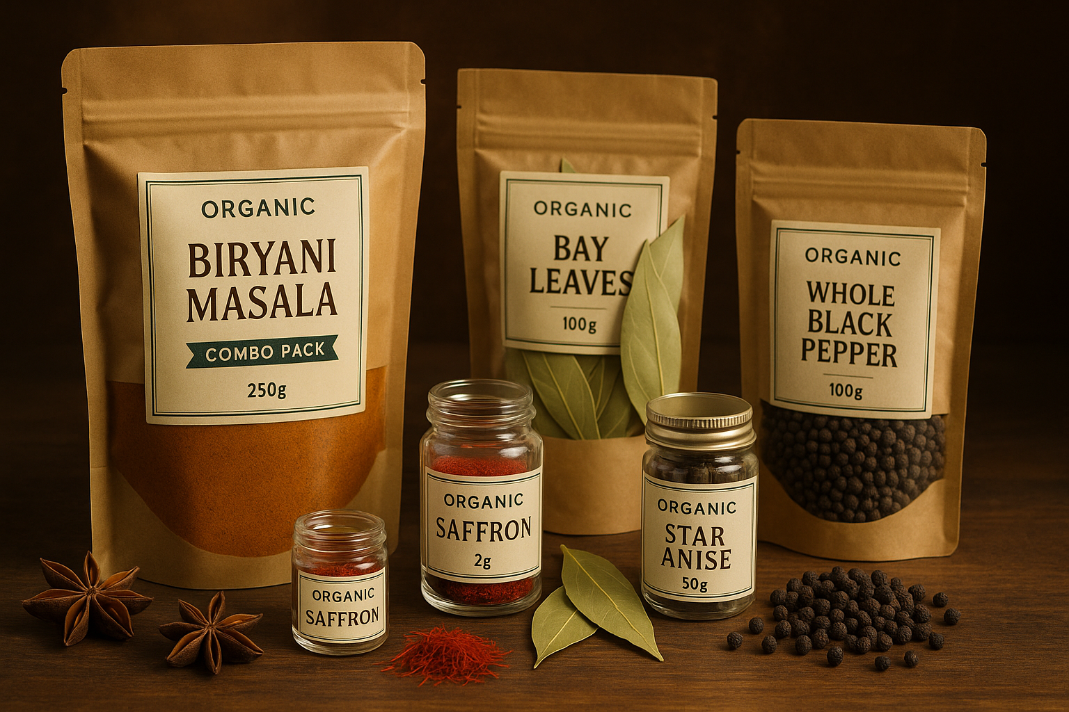  special Masala combo pack of Biryani Masala 250g + Saffron 2g + Bay Leaf 100g + Star Anise 50g + Black Pepper 100g