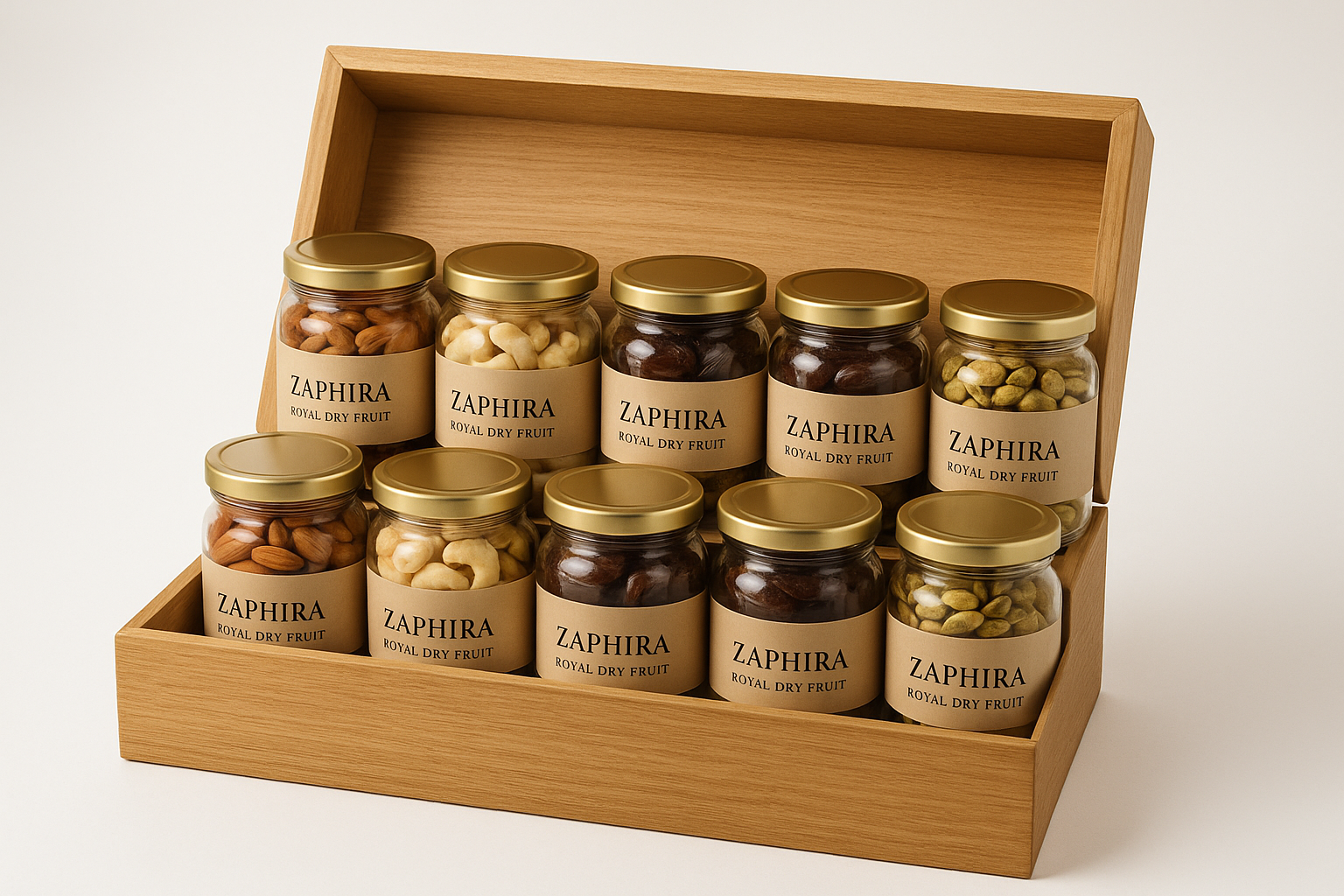 Zaphira Royal Dry Fruit  simple Chest box with paper (12×200g jars) white bg